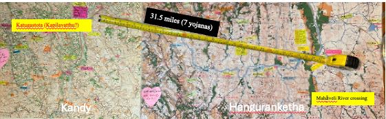 Slide showing the Lalitavistara's 7-yojana distance from Kapilavastu to the Anomā River, converted to 31.5 miles and verified by direct measurement on the one-inch survey map from Katugastota to the Mahaveli River crossing at Buddhankotte, with Ambagahapelessa (proposed Anupiya-ambavana) marked near the Kiwulegedara ruins