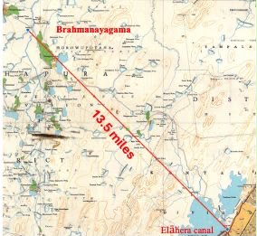 One-inch survey map with a tape measure showing 13.5 inches from the Brahmanayagama area to the Kantalai area