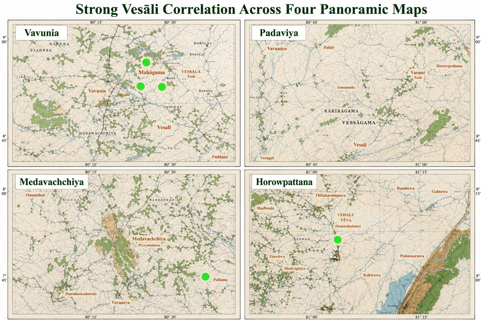 Maps of the Vavunia, Medawachchiya , Horowpathana area shows major inscriptional clusters with 100 inscriptions. IC 332 Rohini Samaniya, IC 346 Vesali puta, IC 328 and IC 166  Nāthika / Nādika references , and IC 155 Ānanda Thera . This is likely to be Valikaramaya in Vesali Buddha and Ananda lived.