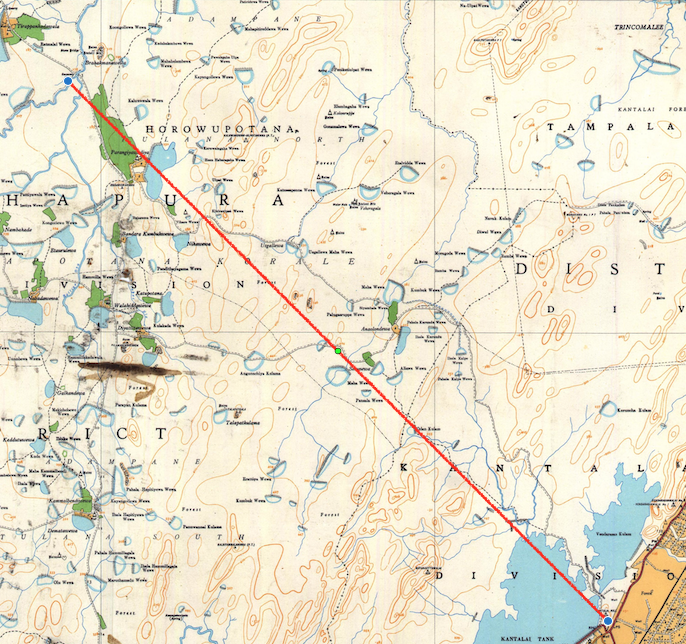 Slide showing the Mahāparinibbāna Sutta's 3-yojana Gaṅgā-to-Vesālī distance converted to 13.5 miles and matched by direct measurement on the one-inch survey map, with the Elāhera Yodha Ela proposed as the canonical navigable waterway